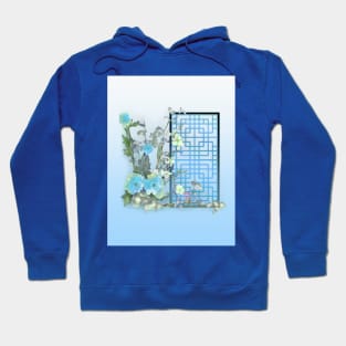 Blue sumiE watercolor flowers with a chinese lattice Hoodie